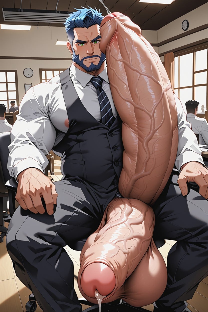 Blue Hair, Handsome Bearded Ginger Man Holds Penis, 18+ AI Gay Porn