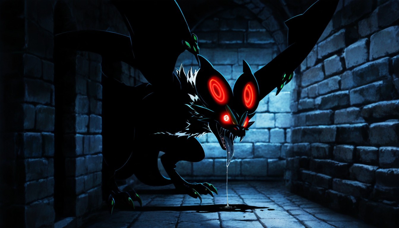 Noivern On All Four Limbs, Red Dots As Eyes, Low Light AI Gay Porn