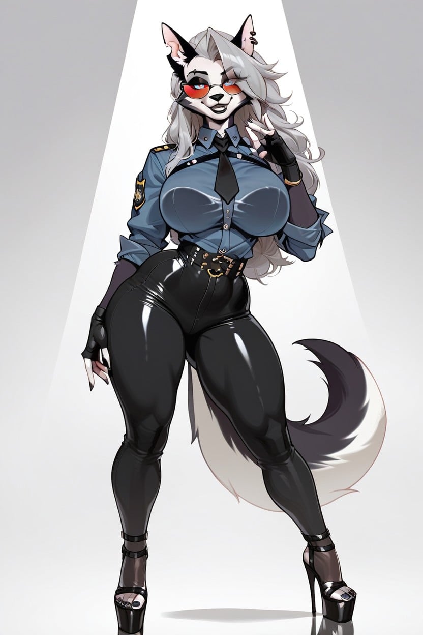 Bimbo, Full Body, Her Outfit's Topwear Is Openedby Zip Fastener Furry AI Porn