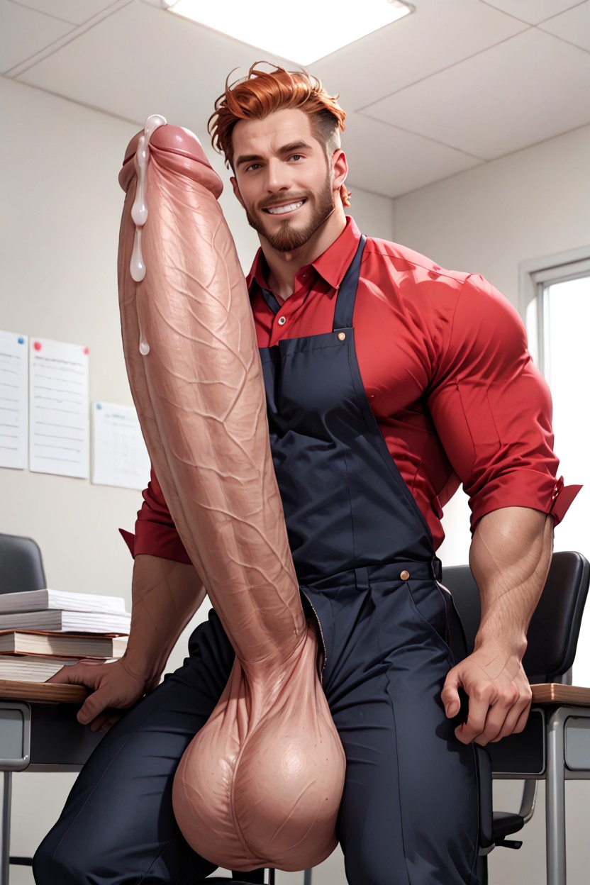 Room Filled With Desks With Seated Men In In Background, Surprised Looking Down At Penis, Seated Men Are Staring At Cock AI Gay Porn