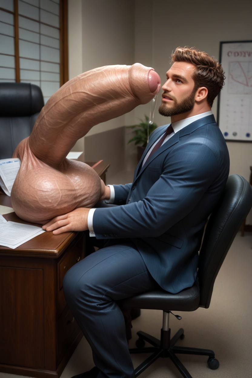Office Chair Seen From Above, Hyper Penis Next To Face, Correct Anatomy AI Gay Porn