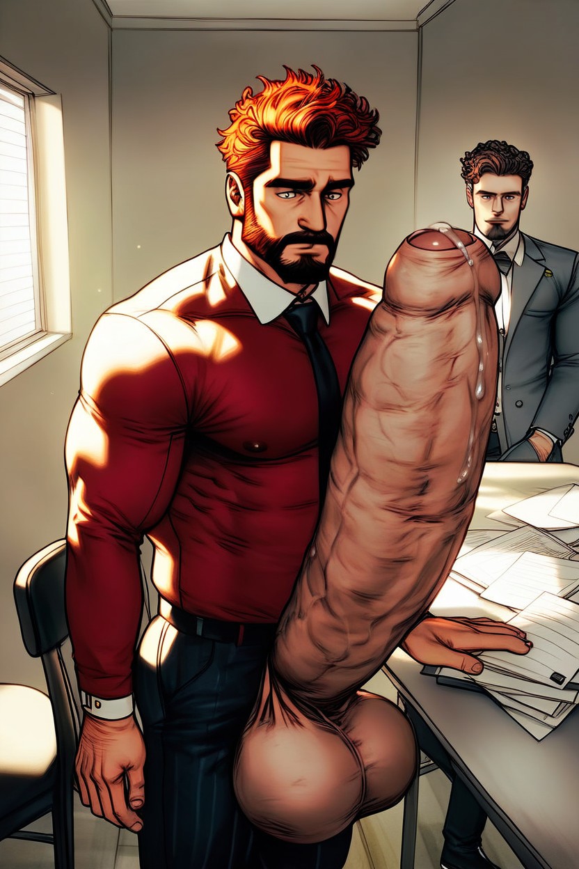 Handsome Bearded Ginger Man Holds Penis, Office Chair Seen From Above, Hyper Excessive Precum AI Gay Porn