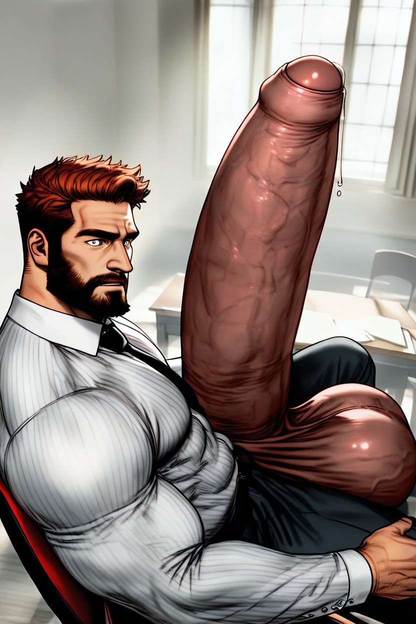 Huge Plump Balls, Handsome Bearded Ginger Man Holds Penis, Jerks Penis With Movement Lines Handsome Bearded Masculine Face AI Gay Porn