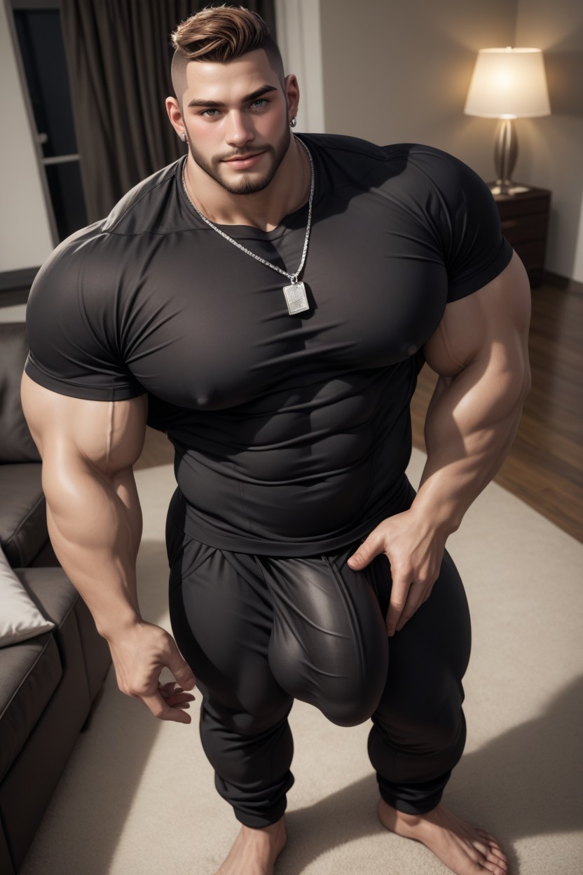 Hyper Thick Bulge, Wearing Loose Grey Sweatpants, Pecs Out AI Gay Porn