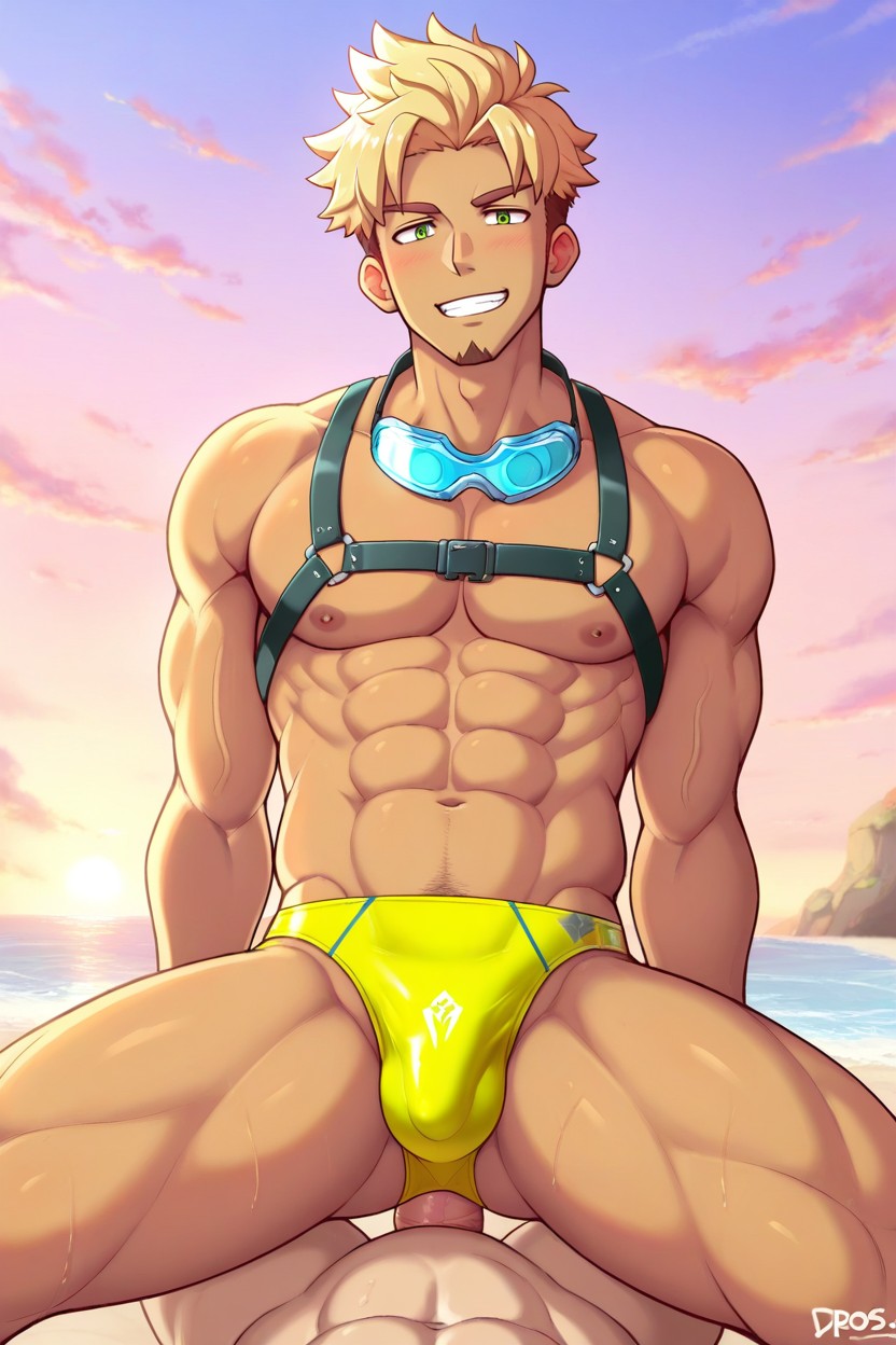 Pulled Down Leggings, Vagina Covered By Neon Sci-fi Yellow Speedo, Smile AI Gay Porn