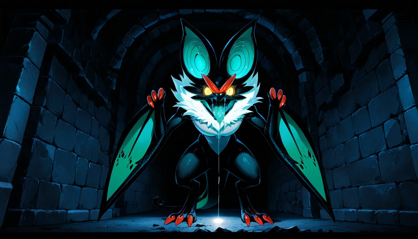 Noivern's Jaws Open Extremely Wide, Noivern Illuminated Within Flashlight, Noivern On In Stone Corridor Porno IA Gay