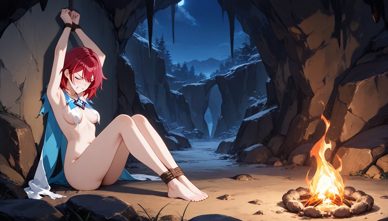Female Sitting On Ground Against Wall, Female Naked, Cave Hentai AI Porn