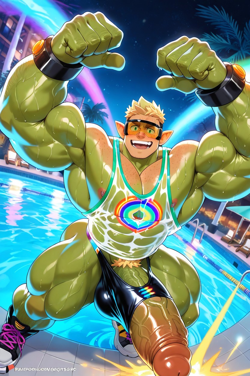 Oversized Muscles, Pink Nipples, Glowing Rainbow Trim Golden Sci-fi Rubber Sports Speedo AI Gay Porn