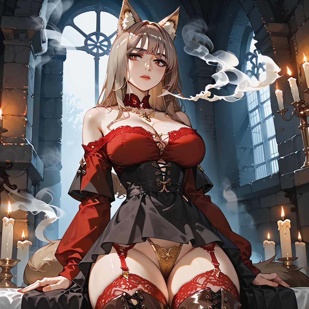 Fox Woman, Off Shoulder, Elegant Red Tight Thong Visible AI Porn