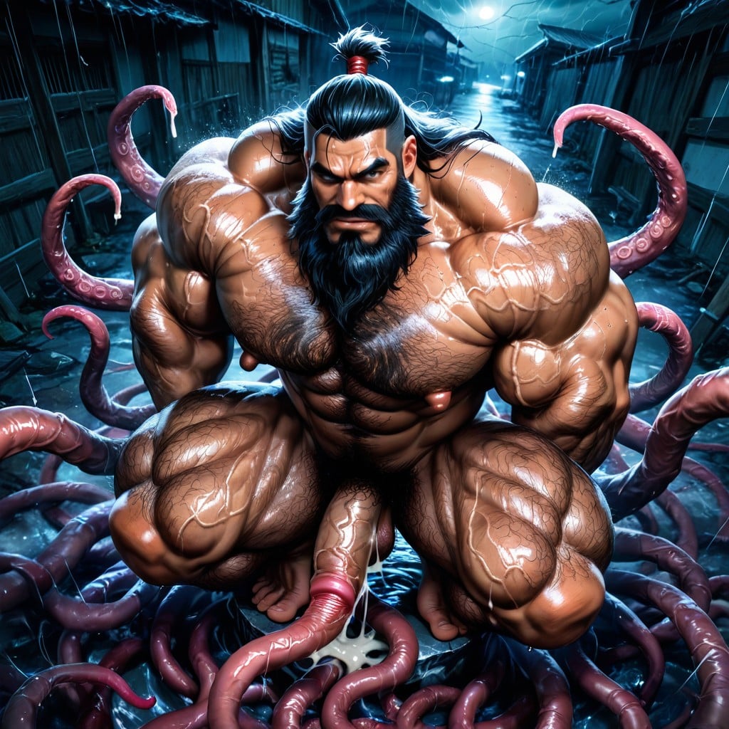 Dimly Lit, Hyper Hairy Body, Squatting AI Gay Porn