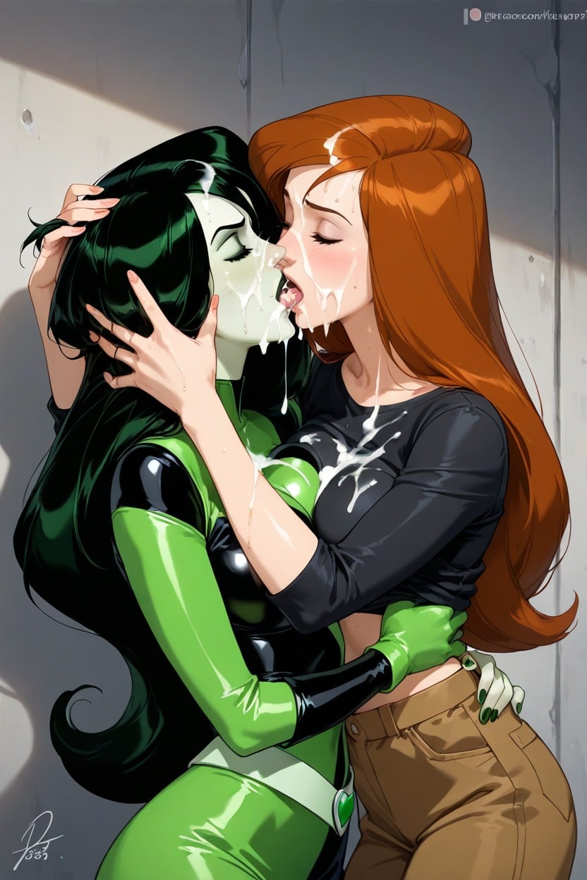 Lesbian Kissing, Brunette, Hands On Her Head Hentai AI Porn