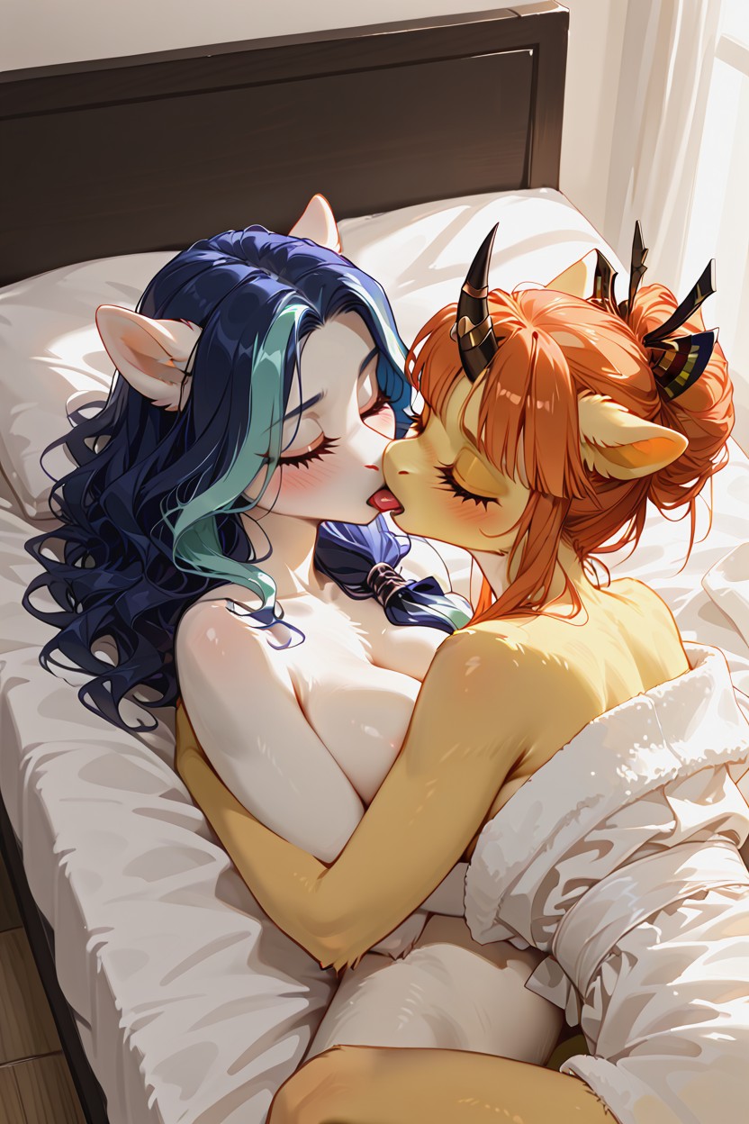 18+, Lesbian Kissing, And A Soft Blush On Their Cheeks Furry AI Porn
