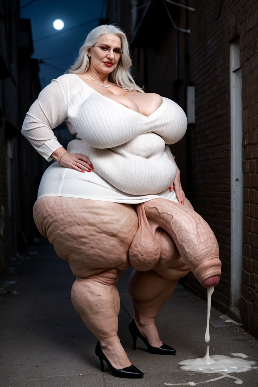 Extremely Wide Hips, Cock Visible Under Clothes, Gigantic Saggy Breast AI Porn