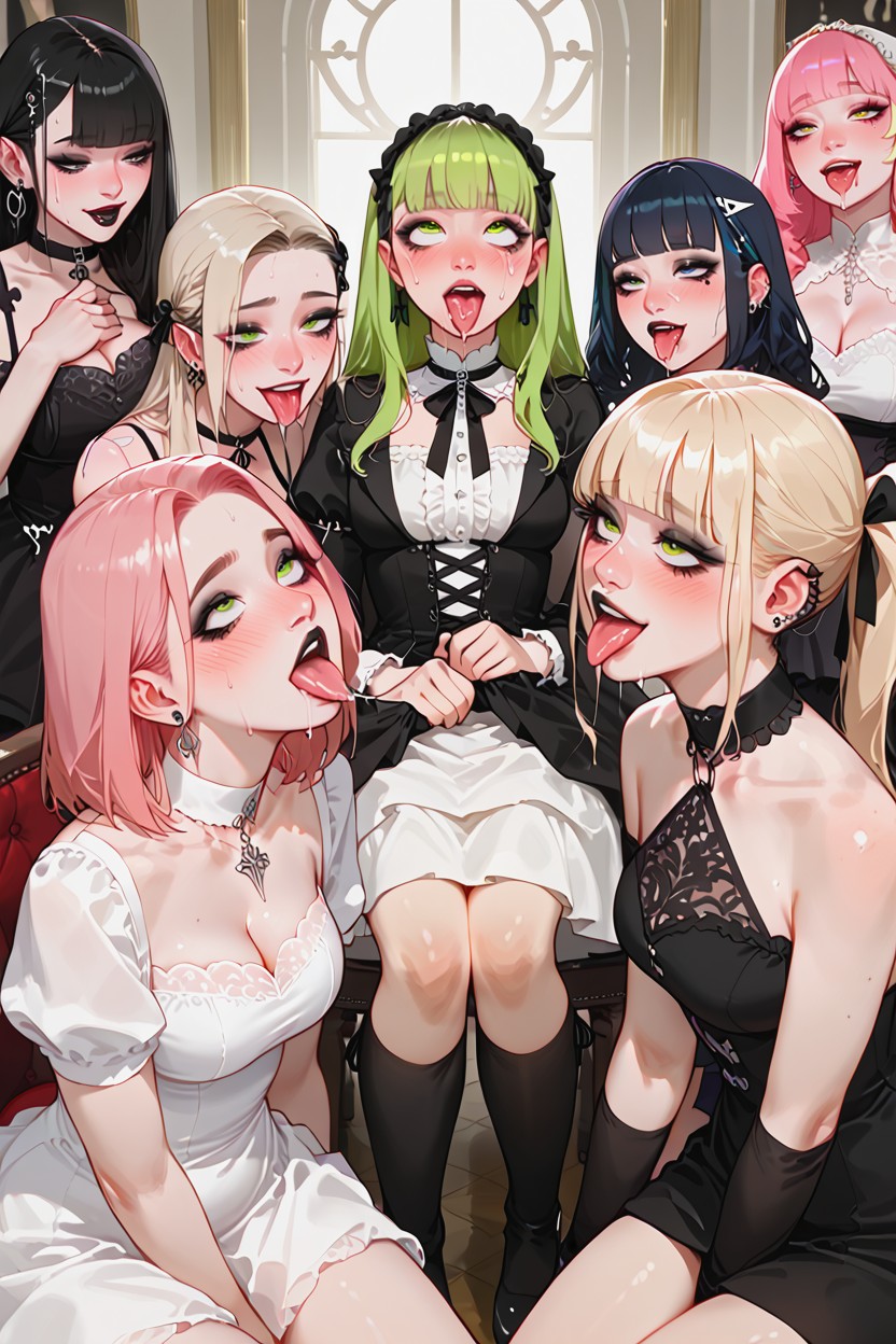 Lots Of Spit On Face, Middle Ahegao Face, Middle Has Black Hair Hentai AI Porn