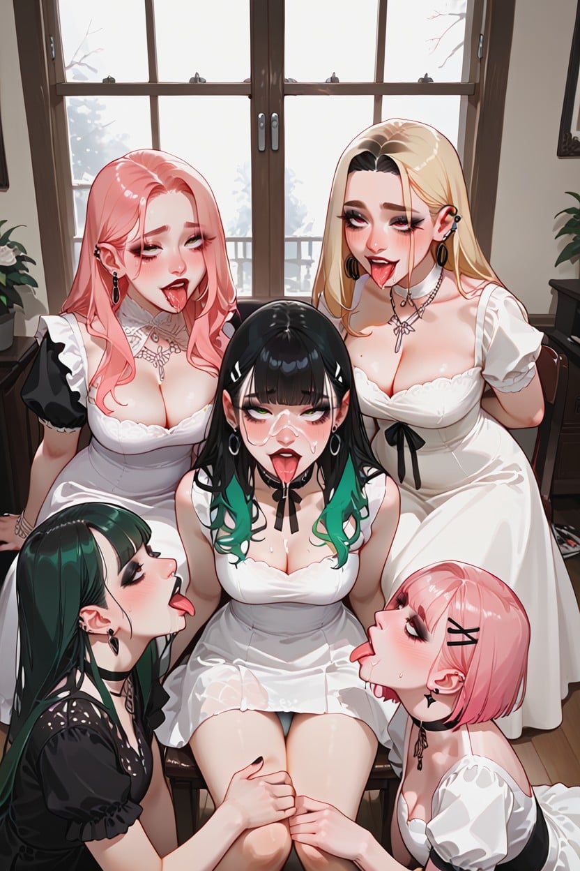 Orgy, Asian Sat In Chair Surrounded By Lesbian Women Spitting On Her, Blonde Hair Hentai AI Porn