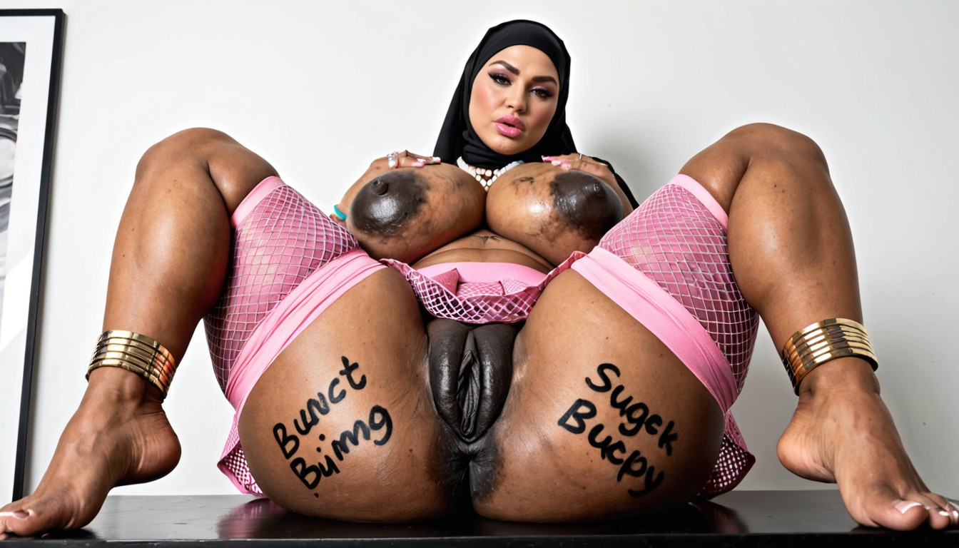Skeptical, Pink Fishnet Skirt, Very Huge Long Thick Nipples AI Porn