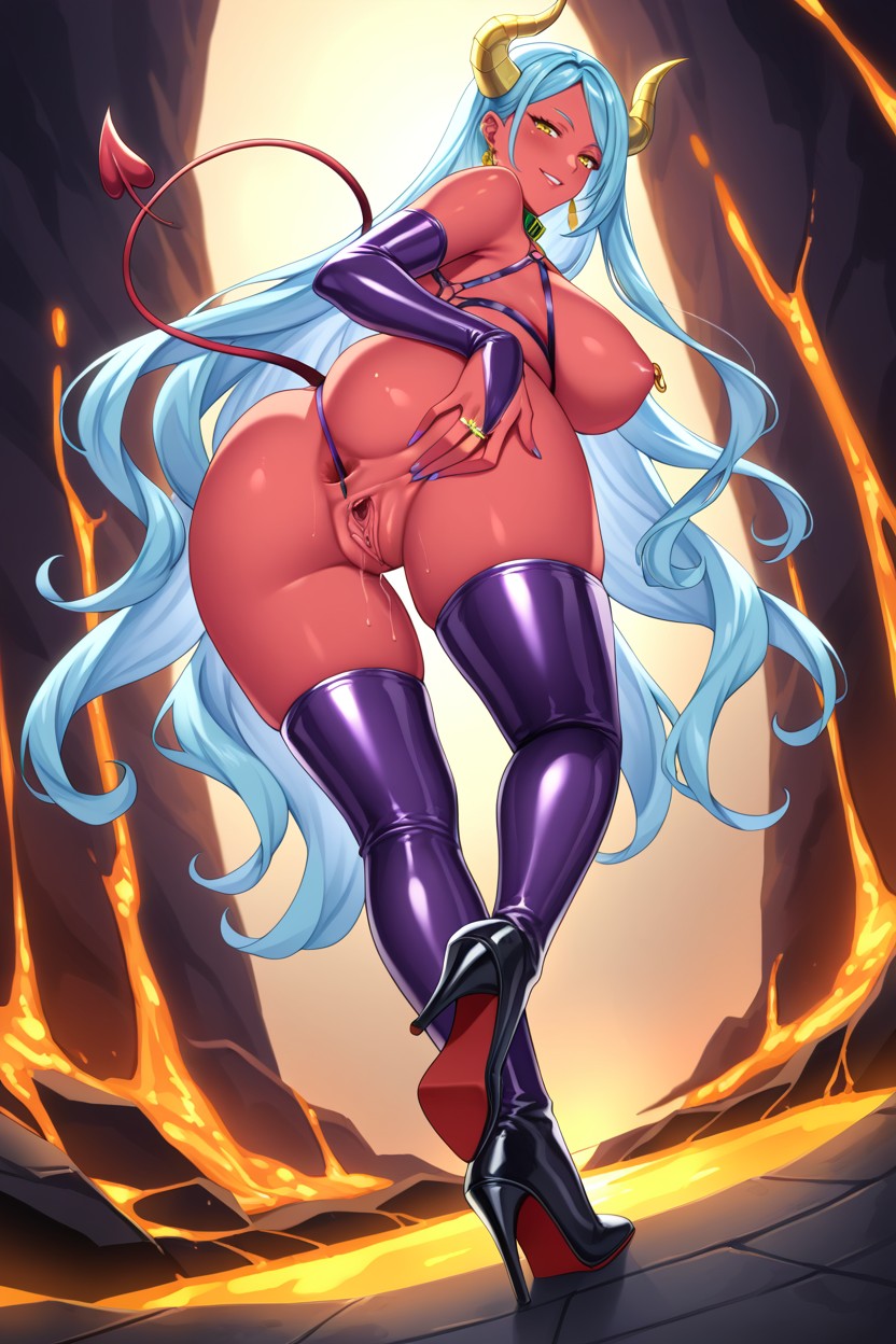 Beautiful Face, Seated On A Lava-like Floor, Purple Latex O-ring Harness With Golden Details Hentai AI Porn