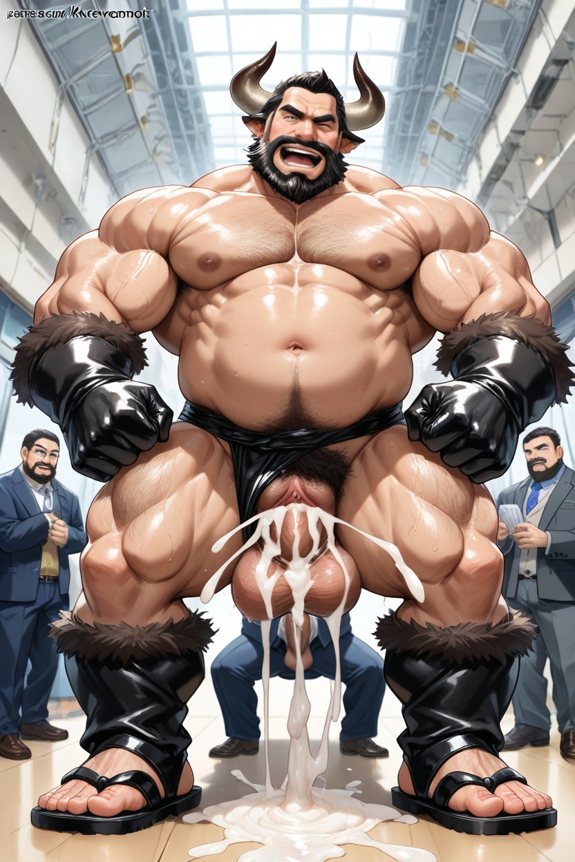 Full Body View, Bearded Kraven Krovenoft Wearing Hunter Clothes, Hyper Cum AI Gay Porn