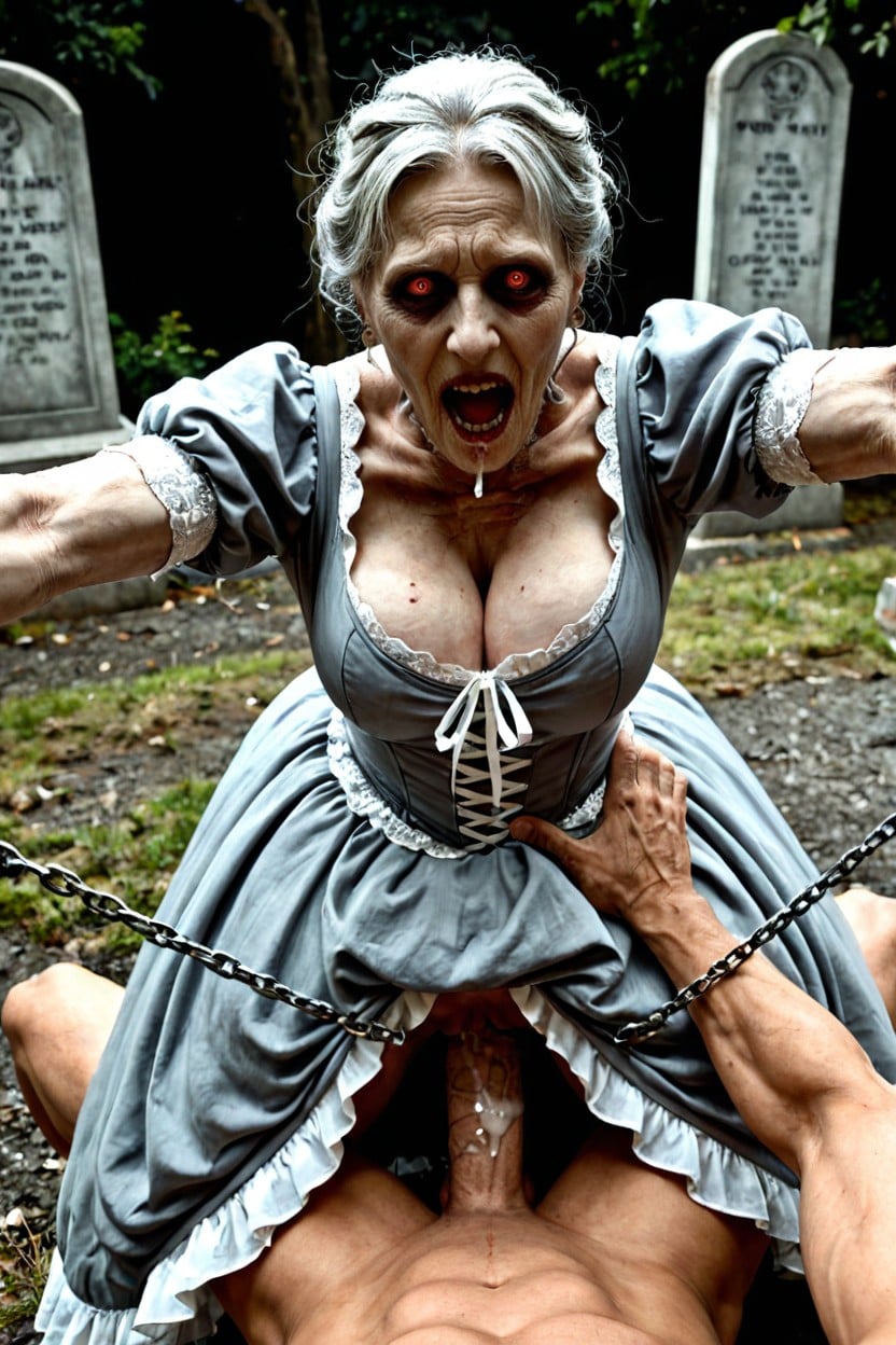 Messy Hair, Grey Pallid Skin Undead Zombie Traditional Victorian Ghost, Noir AI Porn