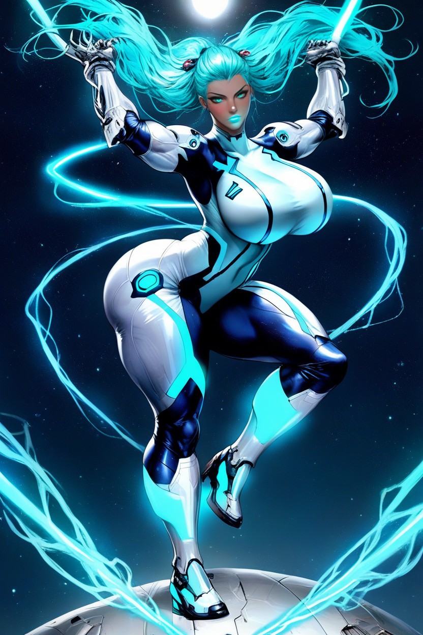 Tan Skin, Glowing Neon Aqua Lips And Fingernails, Space Suit AI Porn