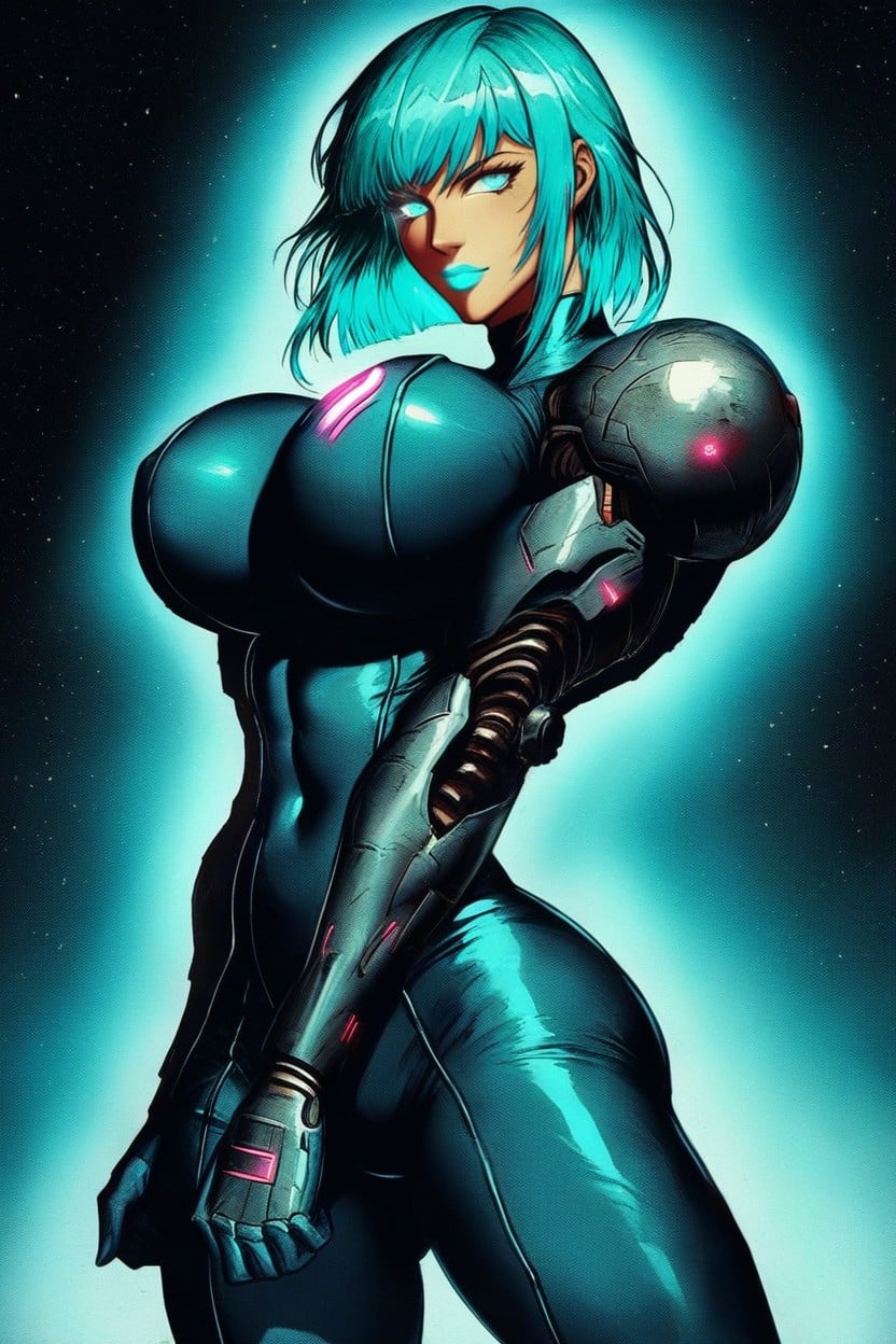 Glowing Neon Aqua Lips And Fingernails, Floating In The Air With Neon Aqua Energy Swirling Around Body, Massive Breasts AI Porn