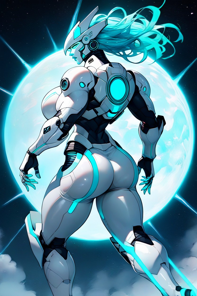 Tall And Muscular And Voluptuous Woman, Massive Breast, Glowing Neon Aqua Accents And Piping Cover The Armor AI Porn