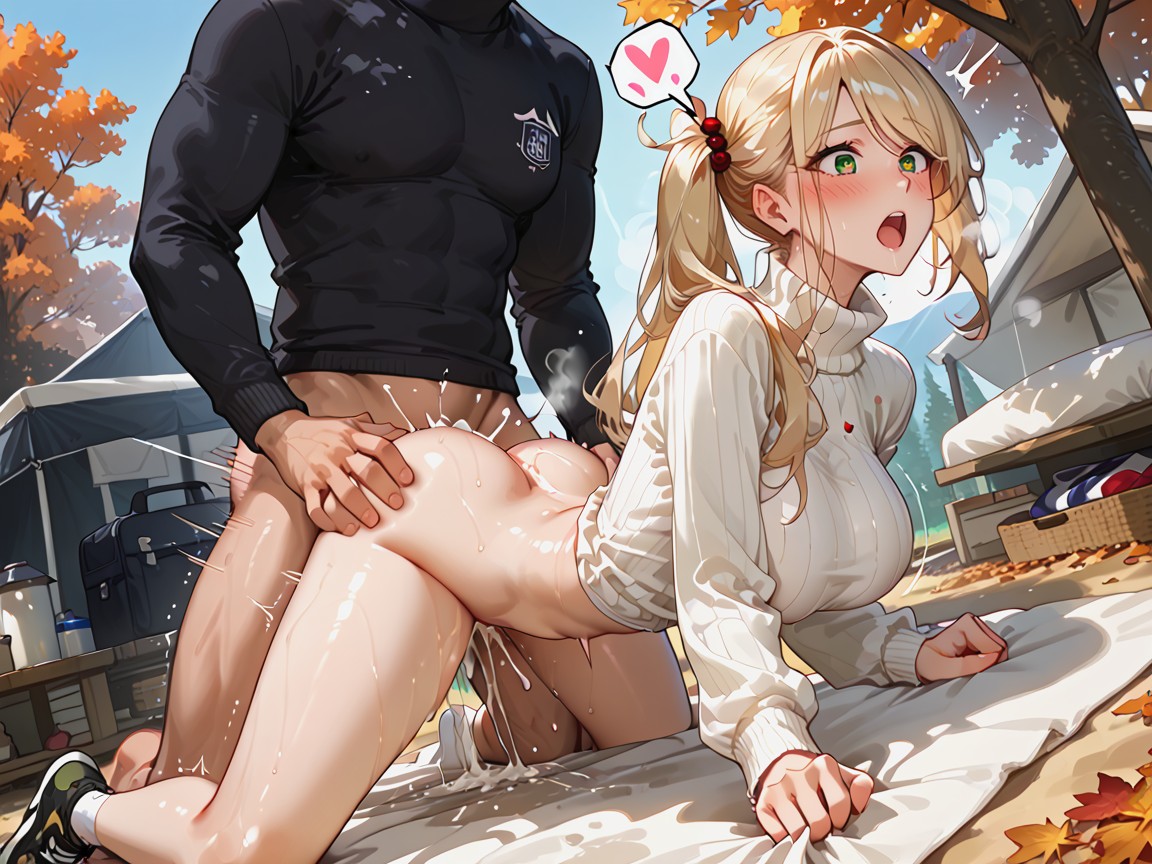 Japanese, Doggy Style, Pale Blonde Extremely Voluminous Hair Hentai AI Porn