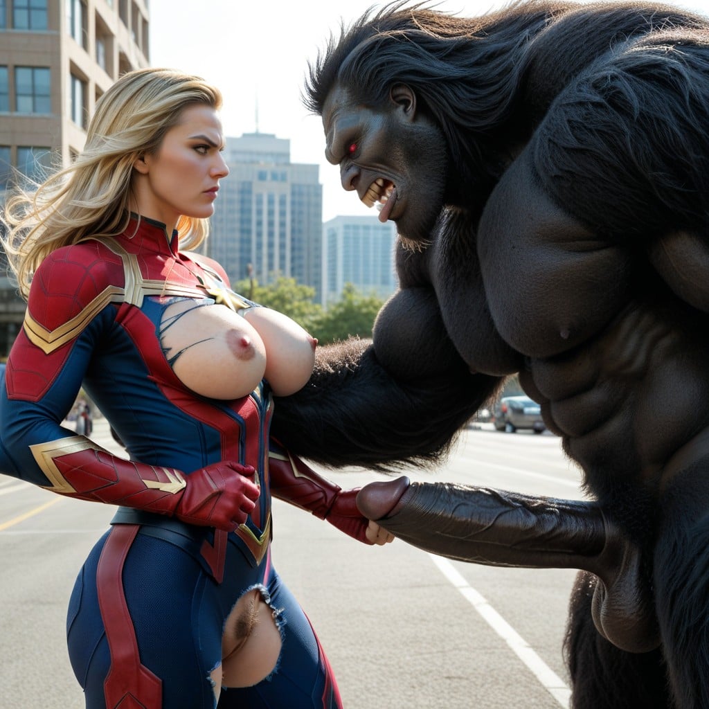 Beautiful Woman Looks Up At A Beast Much Larger Than Herself, Round Blue, Massive Breast AI Porn