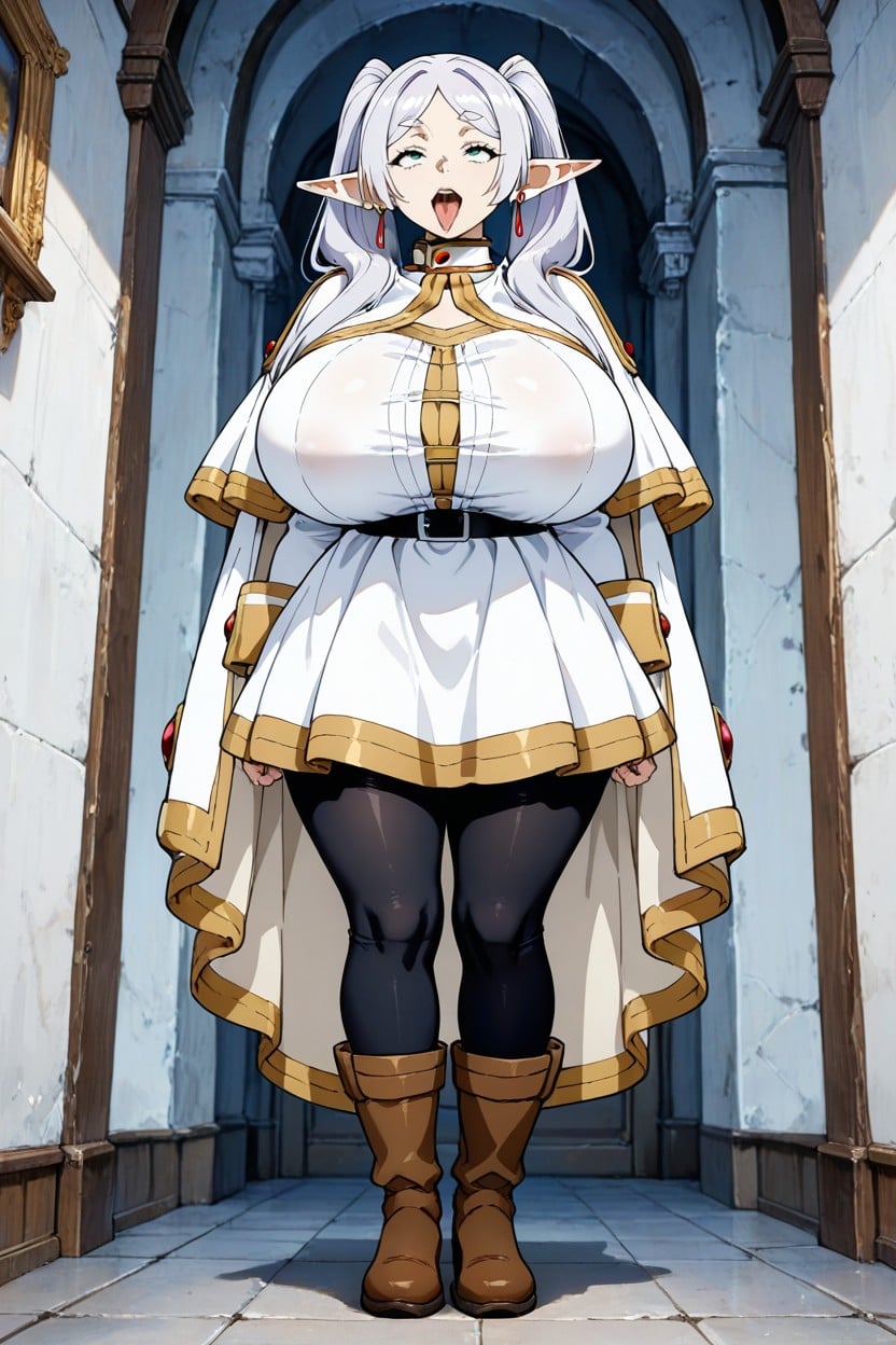 Full Body View, With A White Cape Over Her Shoulders, Accented By Gold Jewels Hentai AI Porn