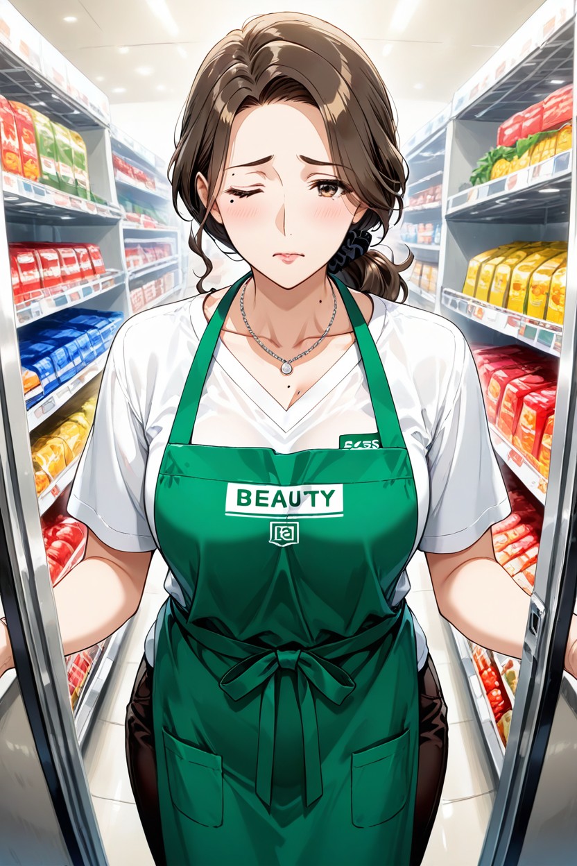 Tired Expression, Standing, Green Apron Hentai AI Porn