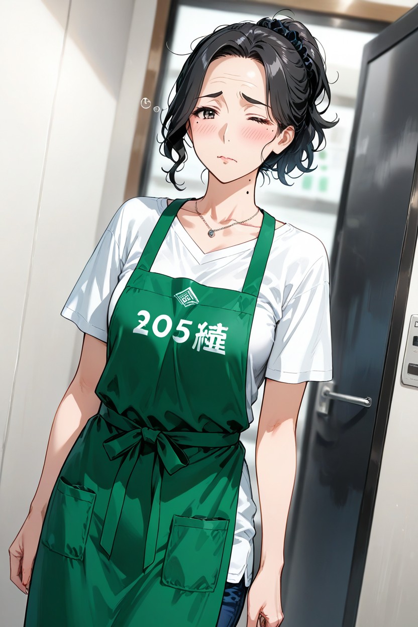 Green Apron, Woman, Black Hair Hentai AI Porn