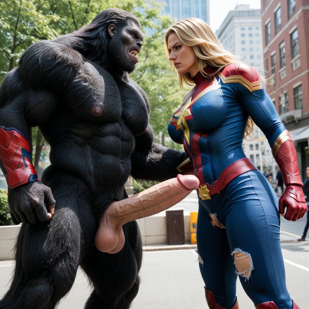 Ropa Rasgada, Captain Marvel And Black Beast Glaring At Each Other, Plano Mediot Porno IA
