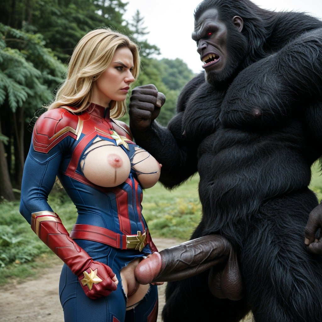 Giant Testicles, Side View, Beautiful Woman Looks Up At The Beast Much Larger Than Herself AI Porn