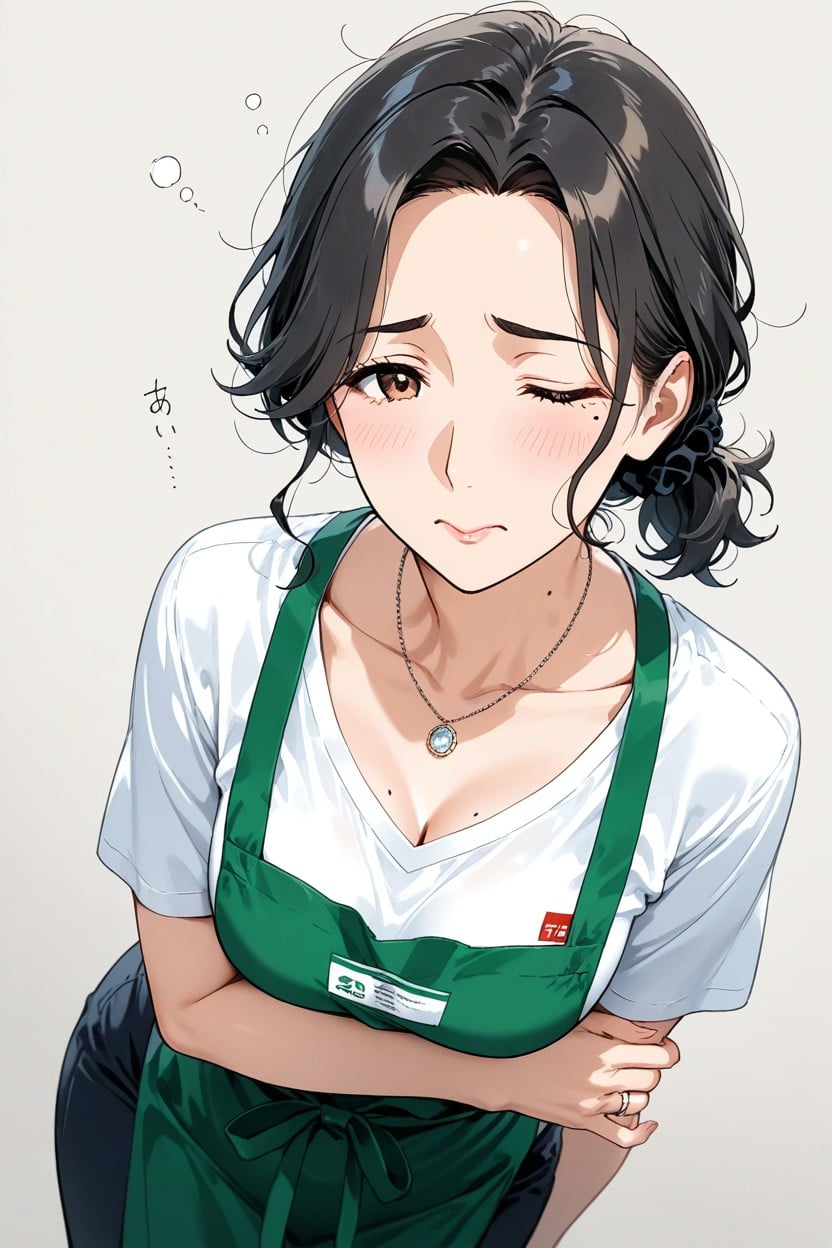 Black Hair, Messy Ponytail, Green Apron Hentai AI Porn