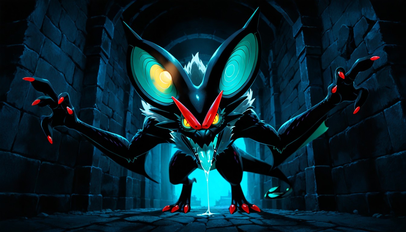 Noivern Emerging From Corridor Darkness, Light On Noivern Body, Noivern Illuminated Within Flashlight AI Gay Porn