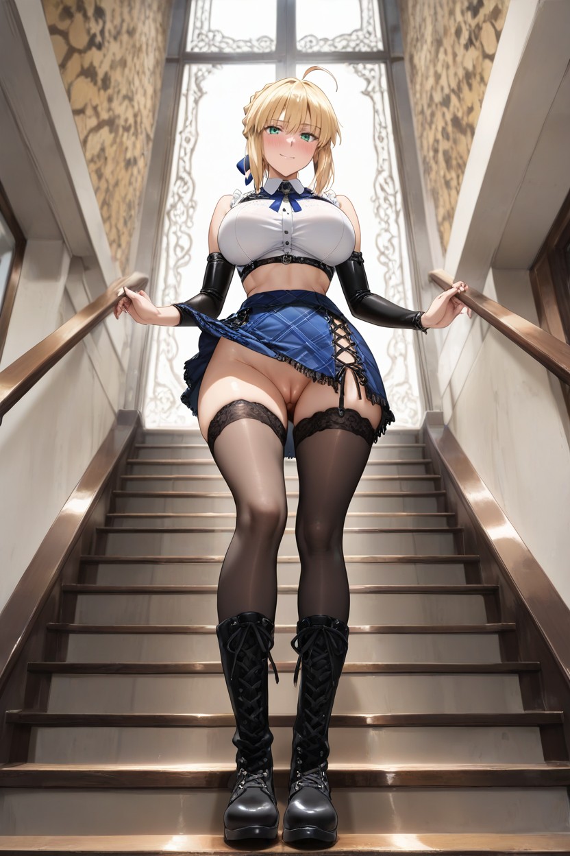 Climbing Stairway, Beautiful Face, Looking At Viewer Hentai AI Porn