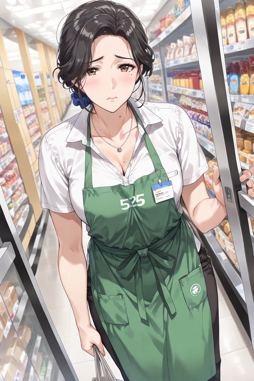 Front View, Green Apron, Small Breasts Hentai AI Porn