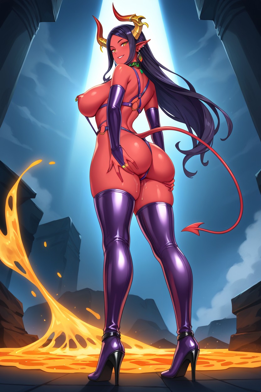 Purple Latex O-ring Harness With Golden Details, Rounded Ass, Red Skin Hentai AI Porn