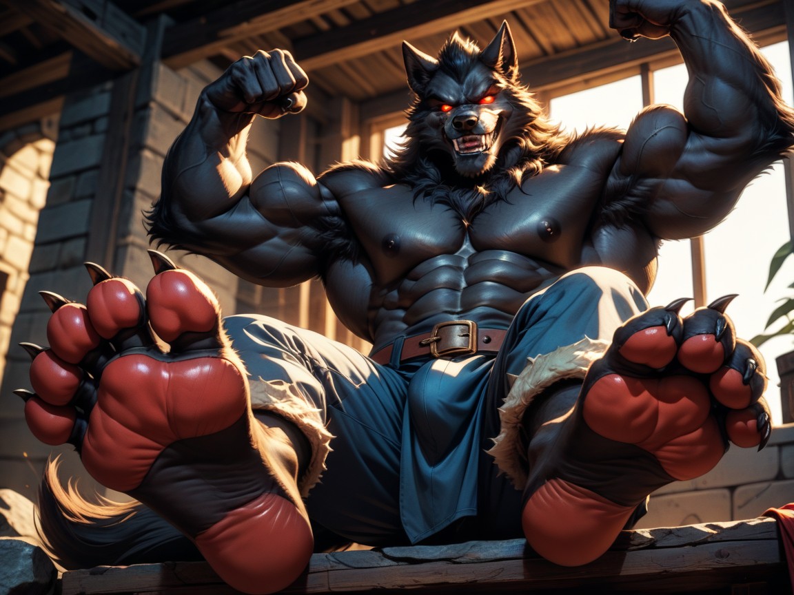 Rugged, Red, His Massive Wide Bare Feet Paws Soles Are Extended Towards The Viewer Porno IA Gay