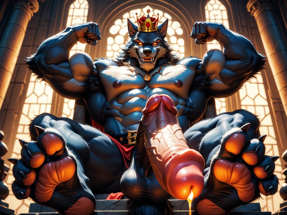 Paw Soles, Wearing A Golden Crown, Of A Furry Werewolf AI Gay Porn