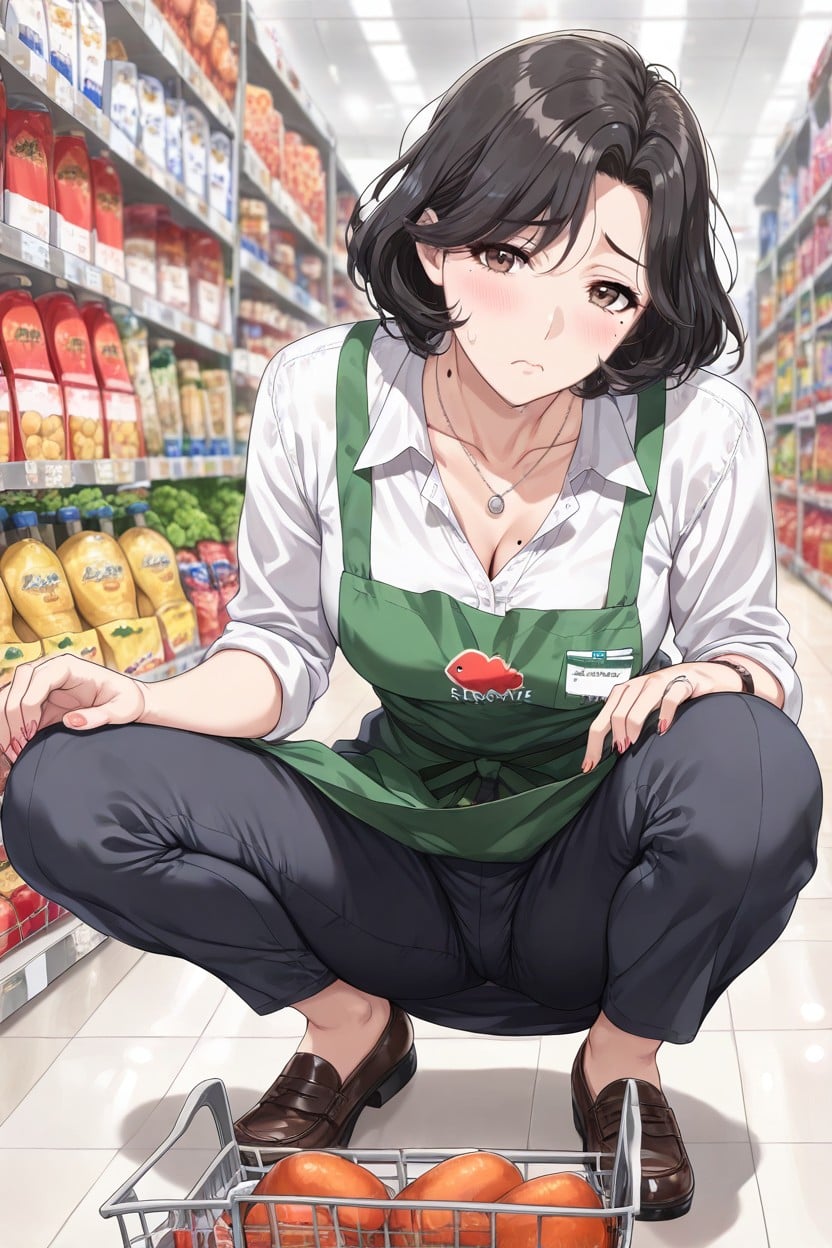 Tired Expression, Cheep Silver Necklace With Ring, Normal Size Breasts Hentai AI Porn