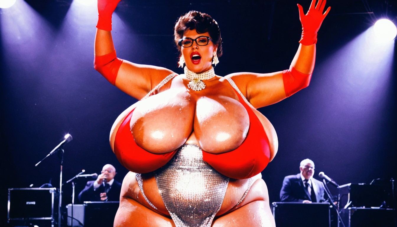 Colossal Breast, Her Classy White Attire With Sequins, Standing BBW AI Porn