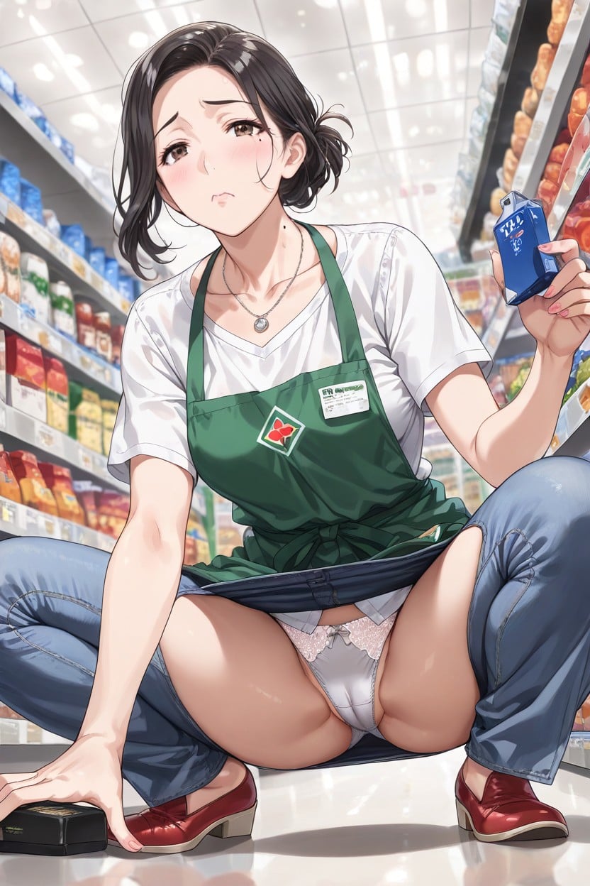 Normal Sized Butt, Organizing Products At The Supermarket, Brown Eyes Hentai AI Porn