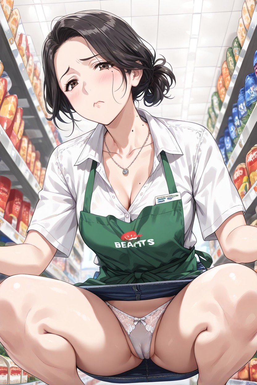 Visible Collarbone, Showing Panties, Organizing Products At The Supermarket Hentai AI Porn