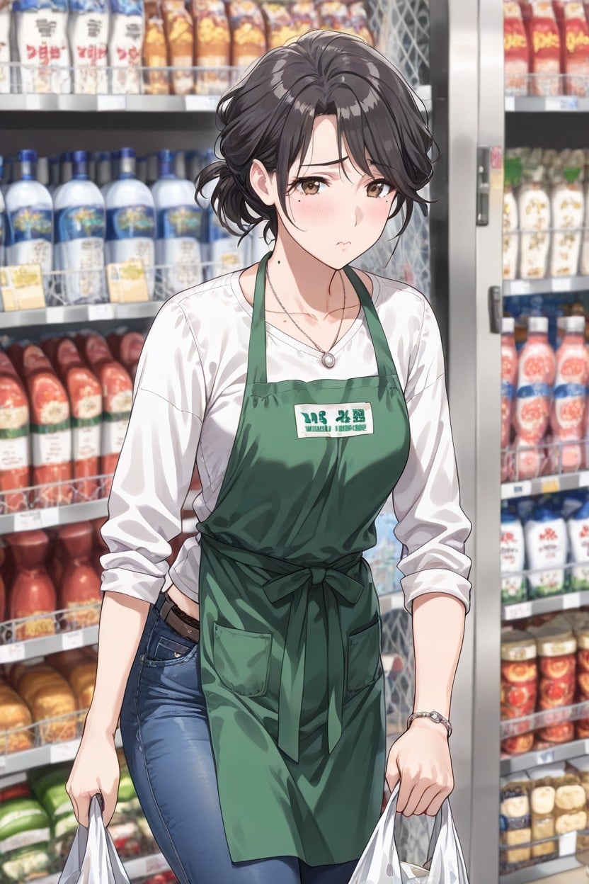 Normal Size Breasts, Crouch Down, Green Apron Hentai AI Porn