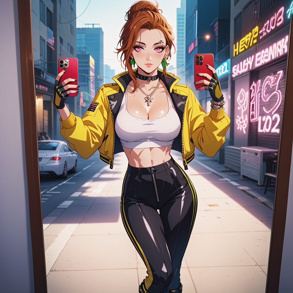 Dangling Chrome Chains And Data Cables, Ultra Detailed Face, Exaggerated Round Cleavage AI Porn
