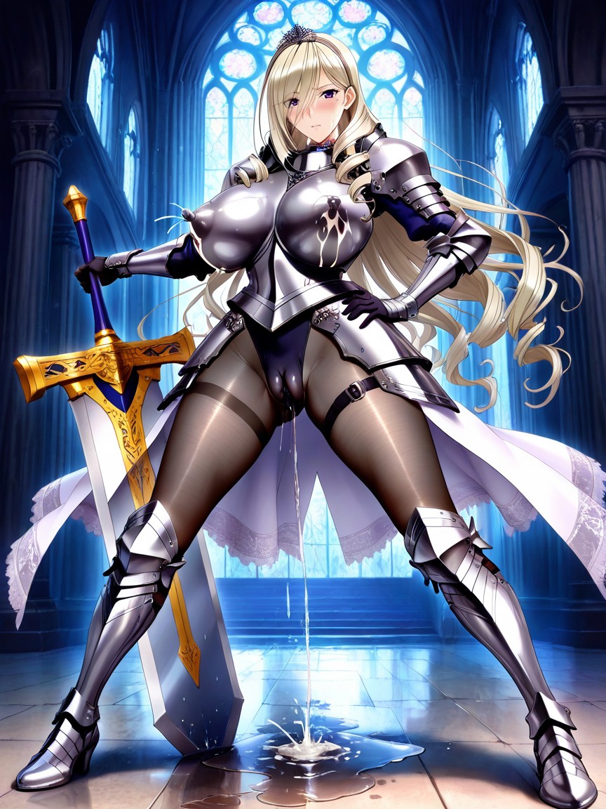 Other Hand Gripping Huge Fantasy Greatsword Standing On Ground, Leather Straps, Nipple Bulge Hentai AI Porn
