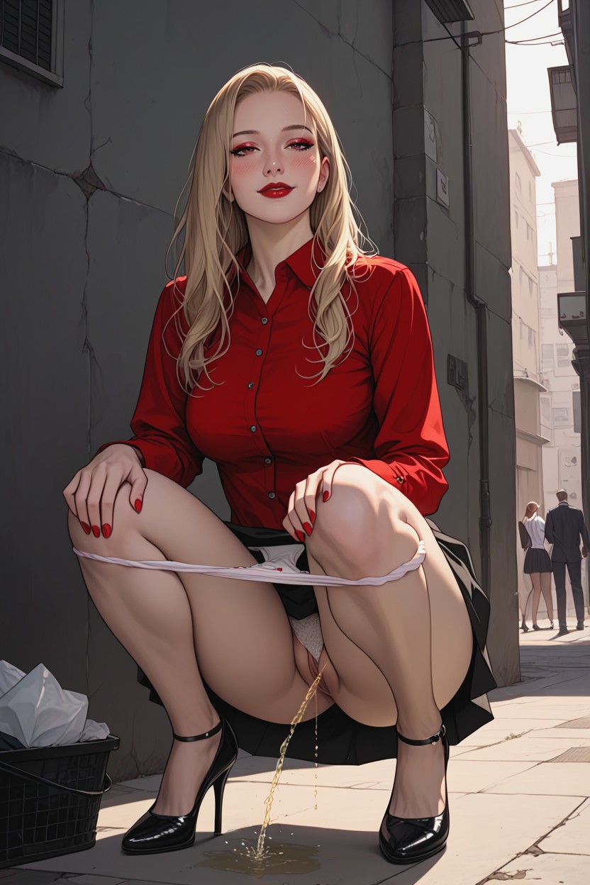 Fully Clothed, Fit, Red Uniform Skirt Topping Legs Hentai AI Porn