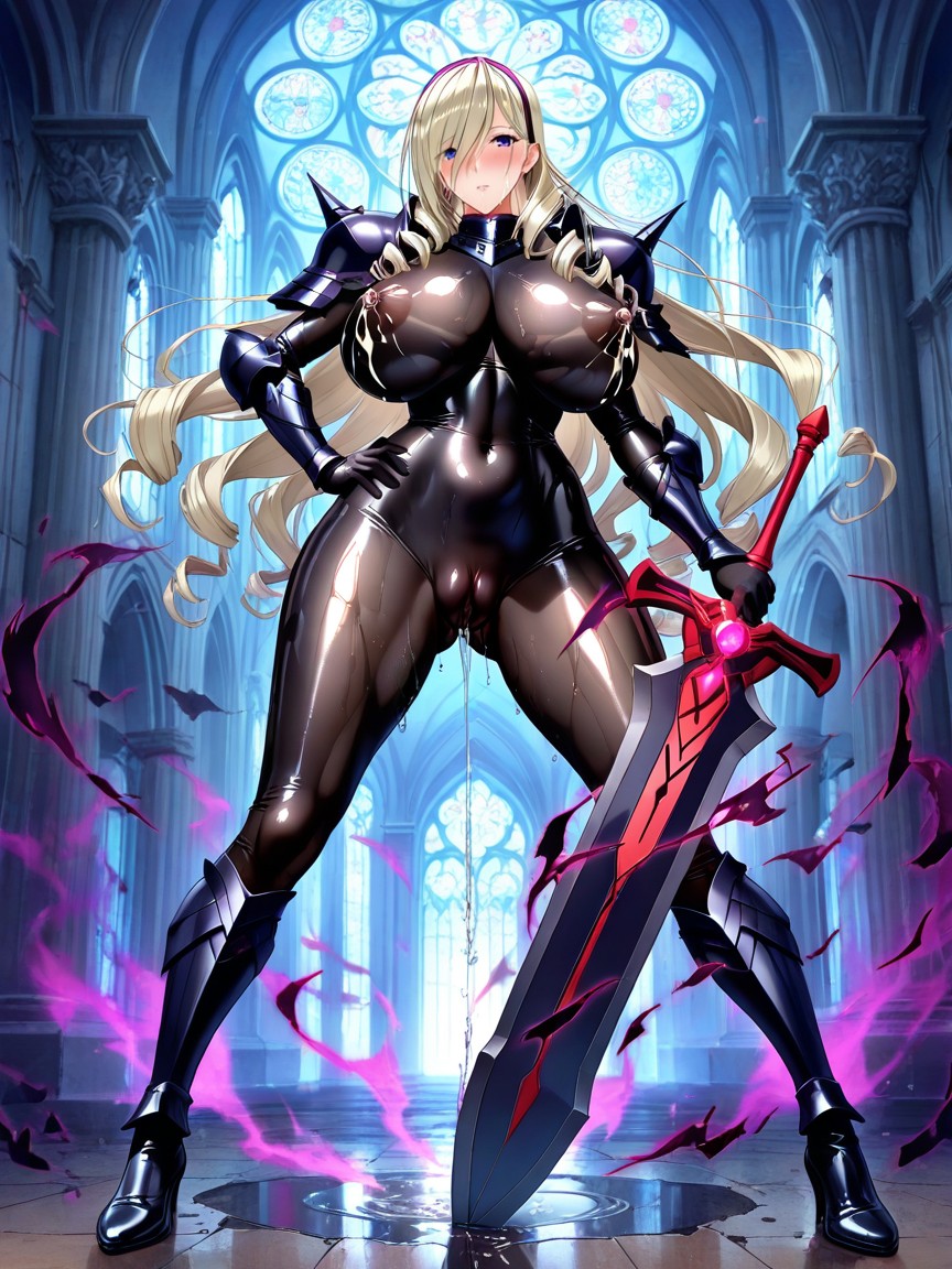 Evil Fallen Female Knight, Dark Gothic Architecture Background, Aroused Flushed Expression Hentai AI Porn