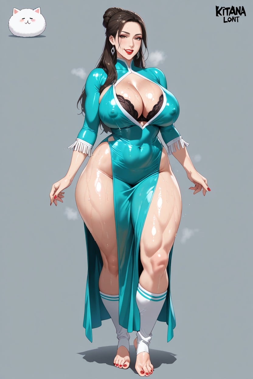 Big Cleavage, Thick Thighs, Tight Double Slit Dress AI Porn